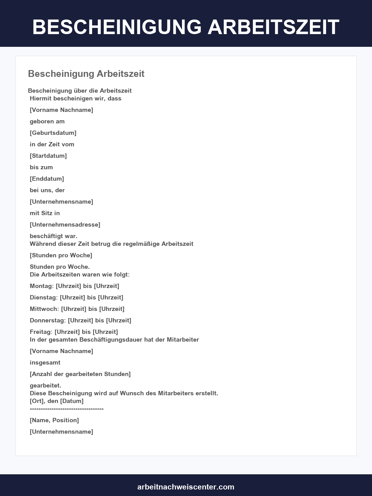 Bescheinigung Arbeitszeit Vorlage