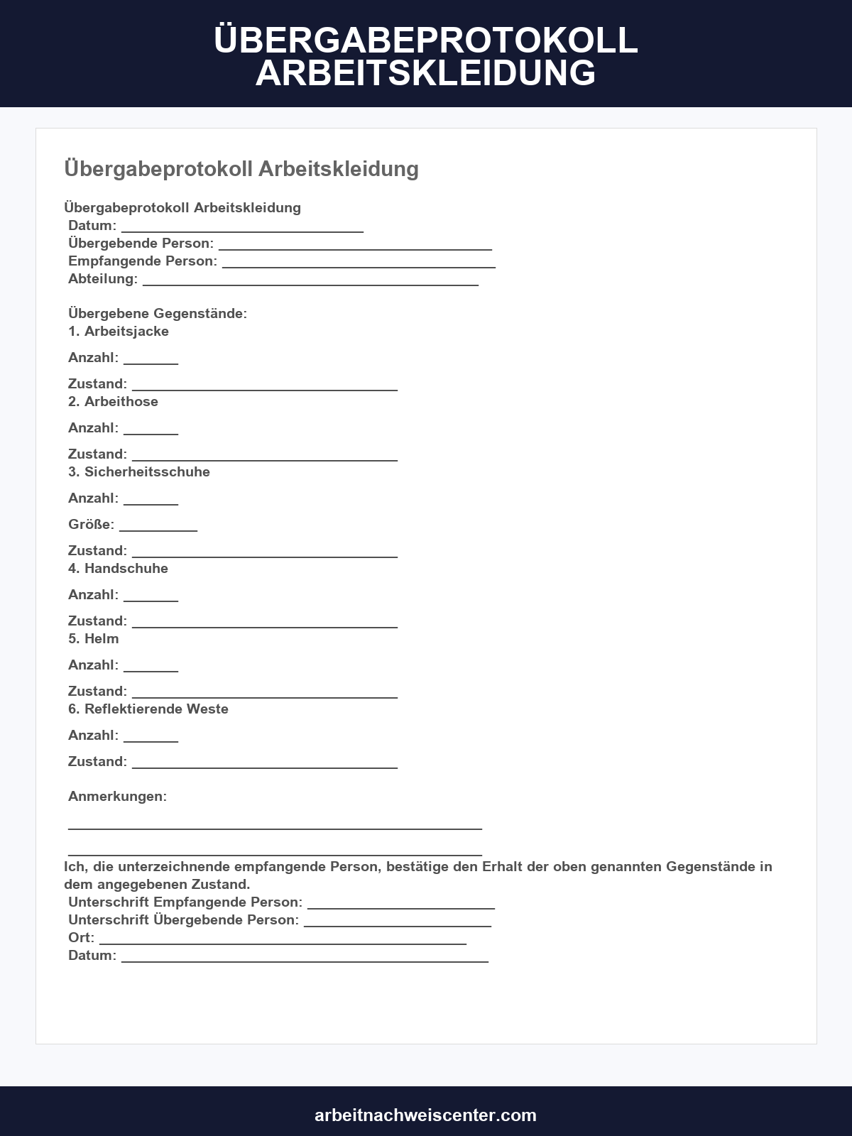 Übergabeprotokoll Arbeitskleidung Vorlage